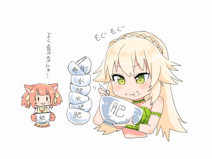 トウモロコシを擬人化した女の子が肥料を食べているイラスト。